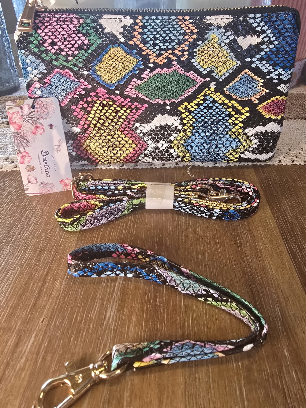 Brentano Multicolor Snakeskin Wristlet Clutch Crossbody with Gold Hardware